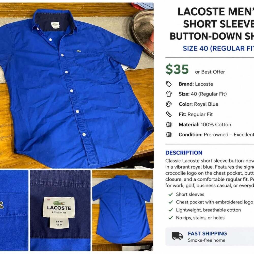 Lacoste Men's Short Sleeve Button-Down Shirt Royal Blue Size 40 US M